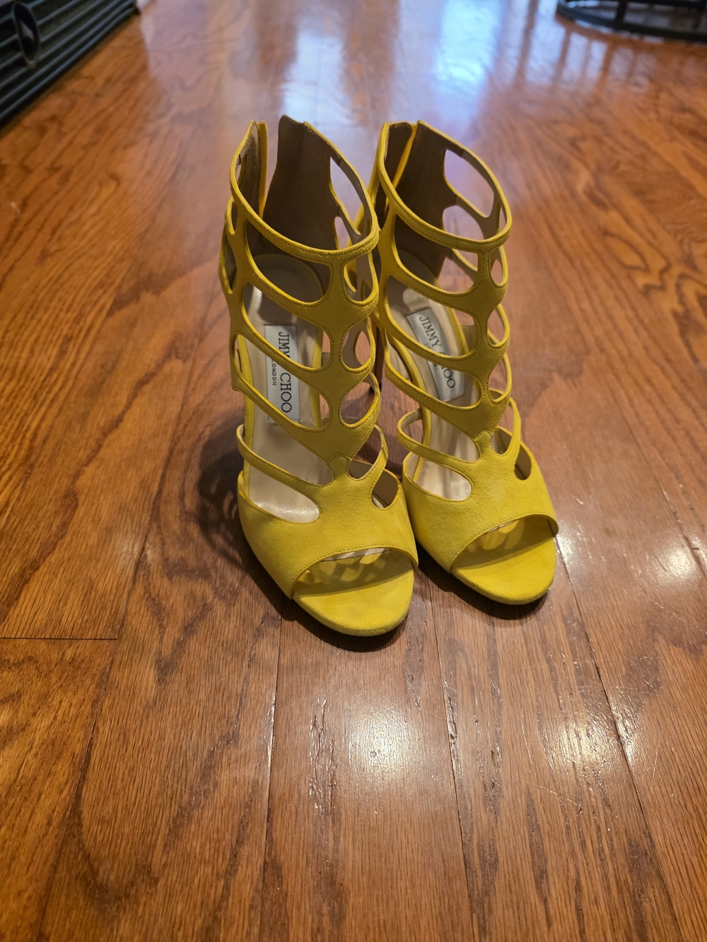 Jimmy Choo Ren 100 Bright Yellow Suede Cutout Cage High Heels New